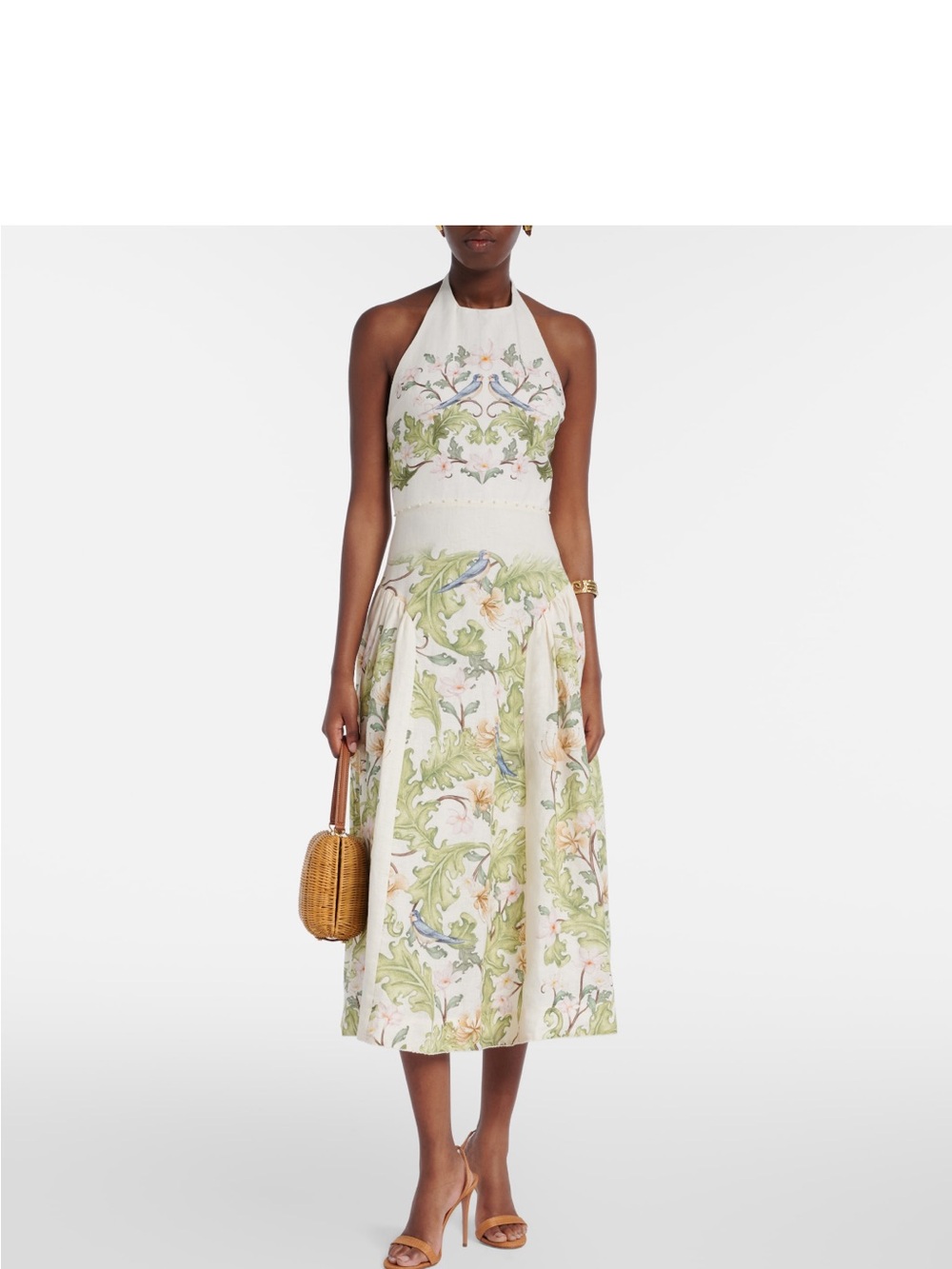 Agua by Agua Bendita Cream Halter Midi Dress with Green Botanical Print